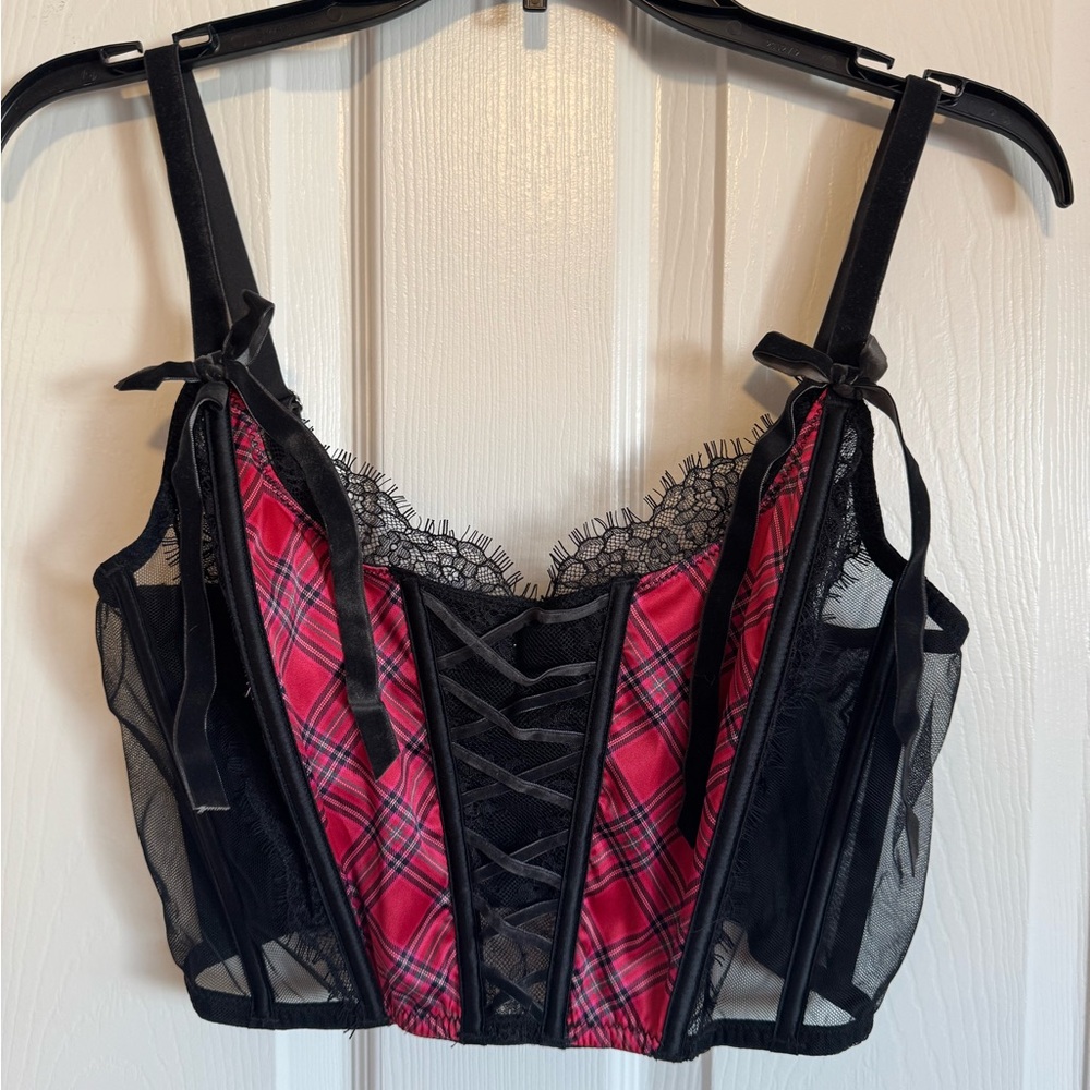 Victoria Secret Velvet Lace Plaid Ribbon Corset Boned Bustier Red Black Sz M